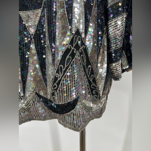 Vintage 80s Beaded Silver and Black Sequin Silk Evening Jacket - Picture 11 of 12